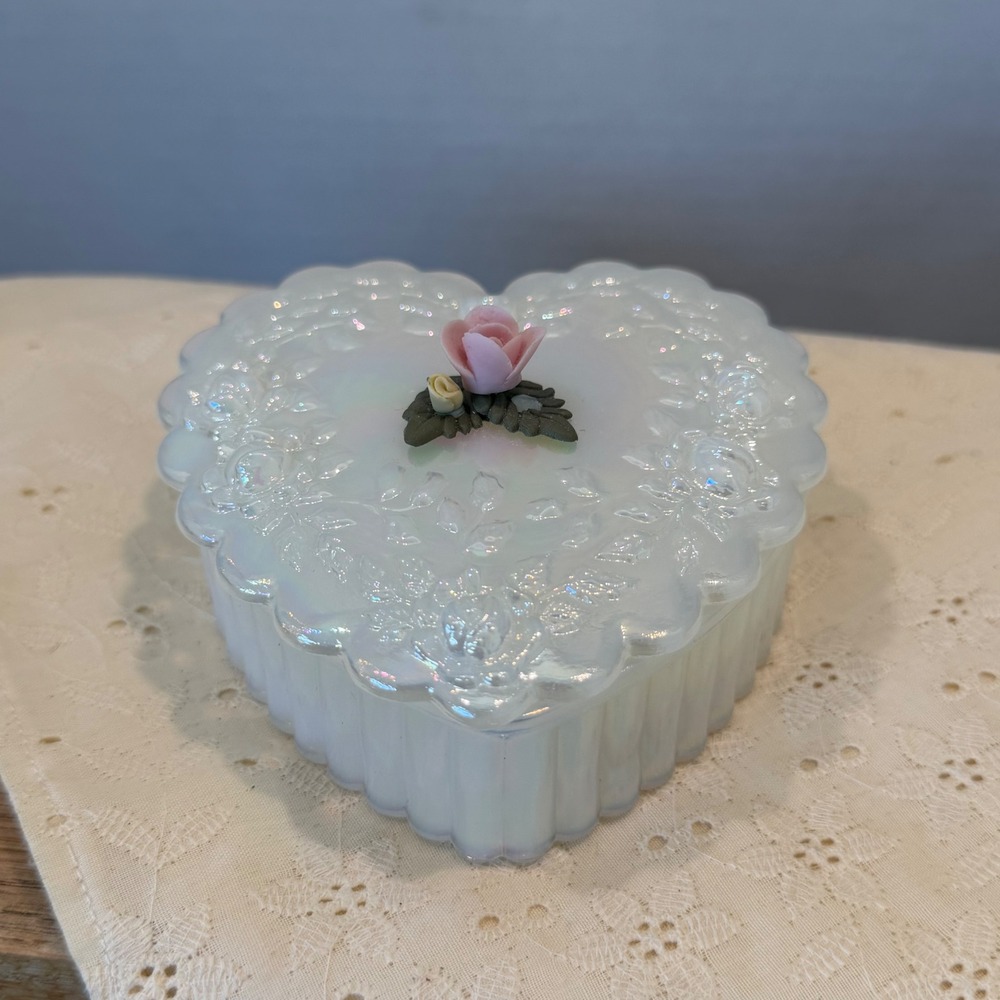 Fenton Iridescent White Opalescent Milk Glass Heart Trinket Box Rose Vintage